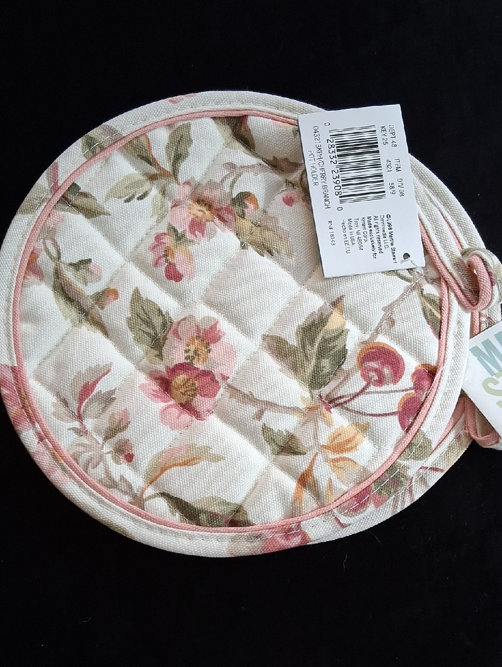 Vintage Martha Stewart Floral Quilted Round Pot Holders in Pink and Cream